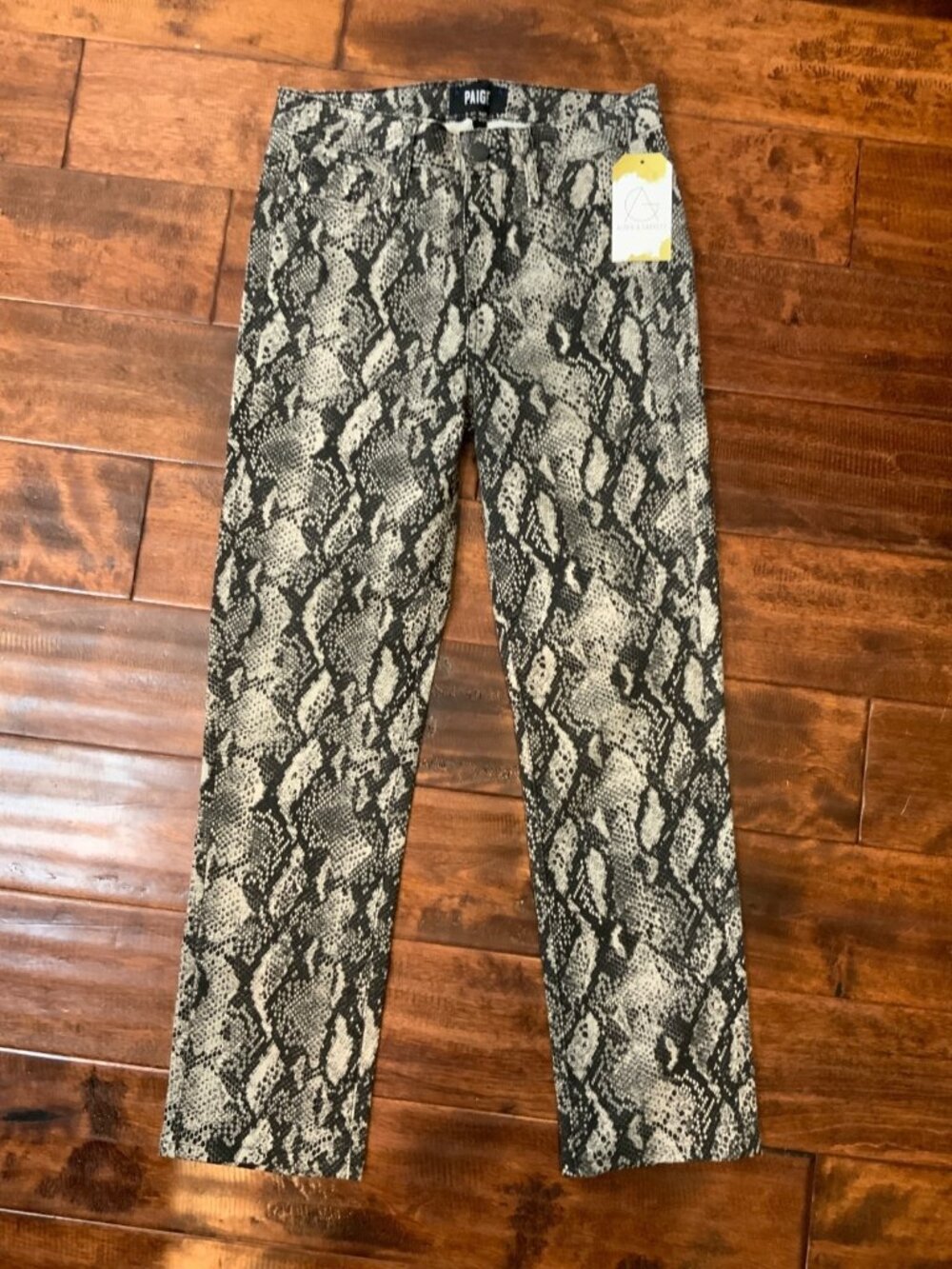 Paige Black & White Snakeskin Denim Print Hoxton Slim Jeans, Size 27
